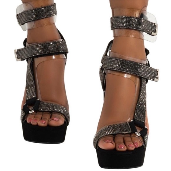 Black Sasha Fierce Studded Rhinestone Chunky Platform Gladiator Sandals - Picture 2 of 3